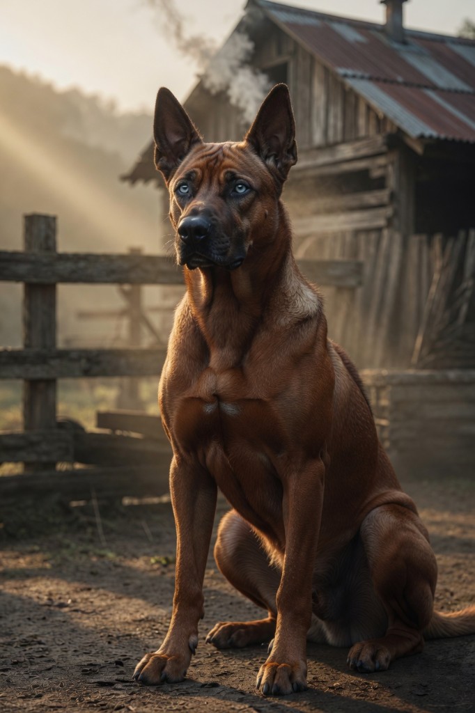Caregiver, a muscular reddish-brown hound with striking blue eyes before a rustic barn