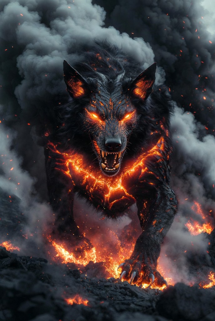 Hellhound: massive black wolf wreathed in fire and smoke, glowing orange eyes