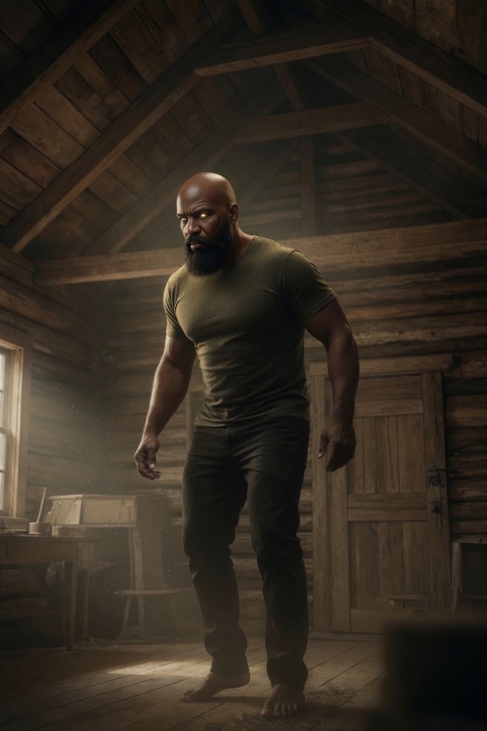 Portrait of Jeffrey, master at the safe house, glowing eyes in a wood cabin