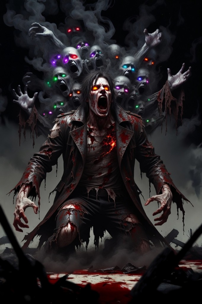 The Legions: a tormented host with many screaming spirits emerging from smoke