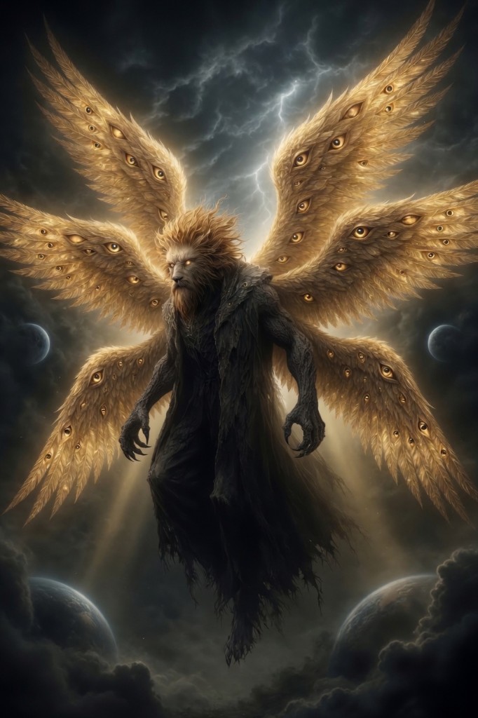 Sariel as lion-headed celestial guardian with six golden wings and many eyes