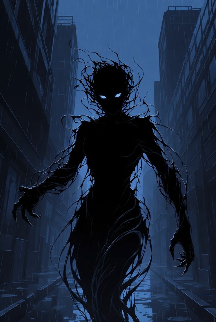 Shadow Demon: tall wispy humanoid silhouette with glowing blue eyes in a rain-slick alley